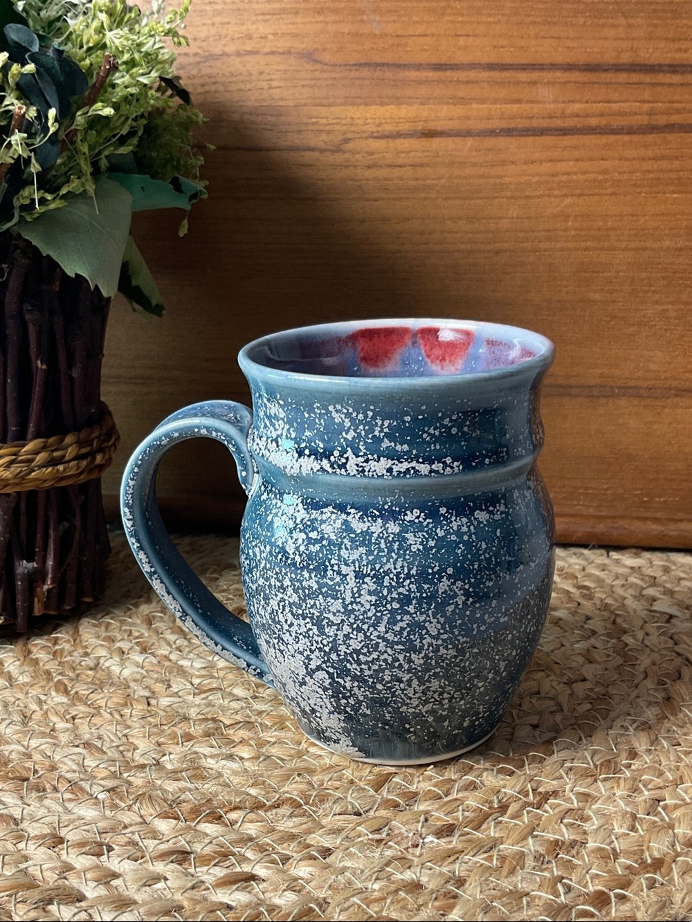 Vintage Bruning Studio Pottery Mug Red Blue Speckled Stoneware Coffee Cup